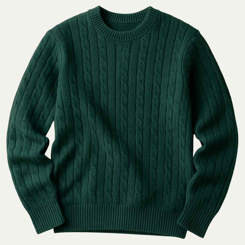 Men's Cashmere Merino Wool Blend Sweater in Green – Tailored Fit with Classic Cable-Knit Texture