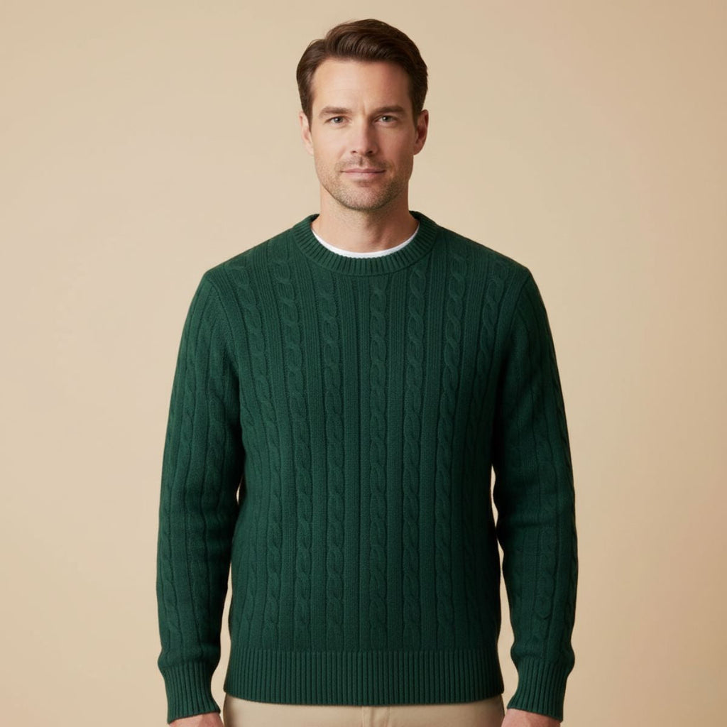 Men's Cashmere Merino Wool Blend Sweater in Green – Tailored Fit with Classic Cable-Knit Texture