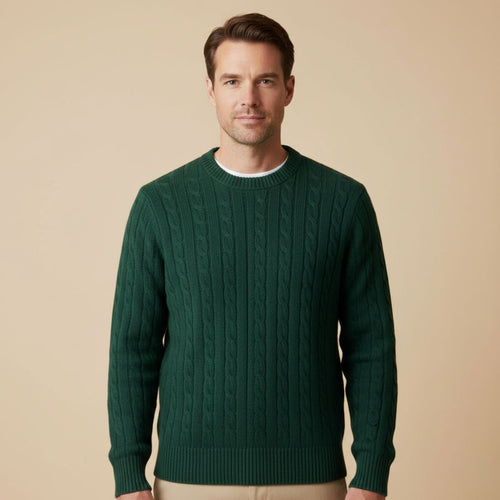 Men's Cashmere Merino Wool Blend Sweater in Green – Tailored Fit with Classic Cable-Knit Texture