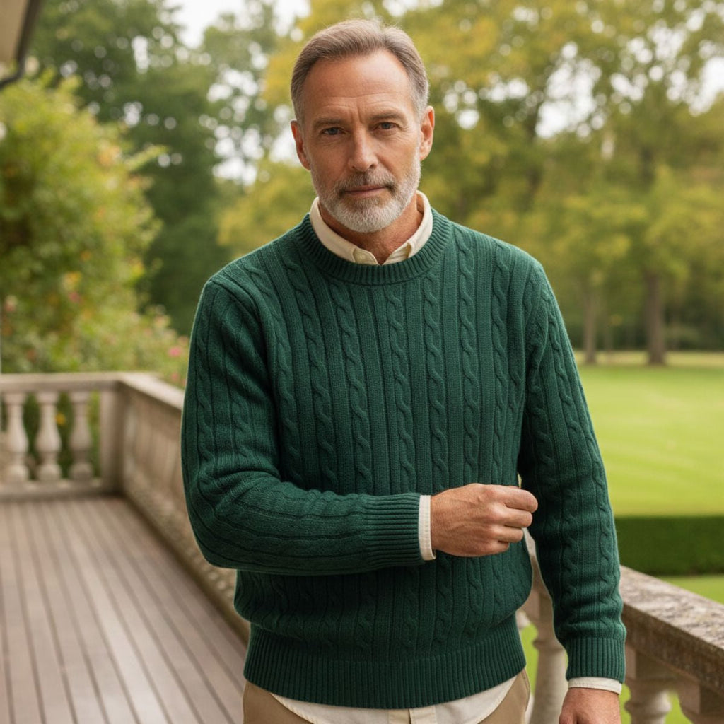 Men's Cashmere Merino Wool Blend Sweater in Green – Tailored Fit with Classic Cable-Knit Texture